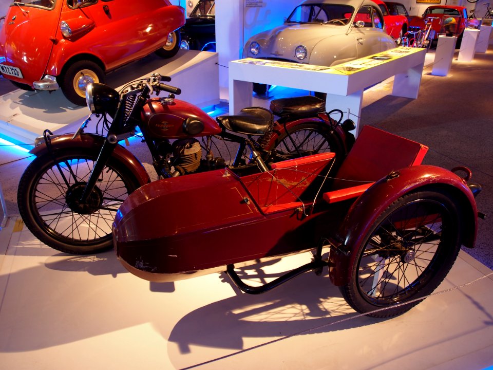 Old red colored Typhoon motorcycle combination pic2 Teknikens och Sjöfartens hus, Science and Maritime House