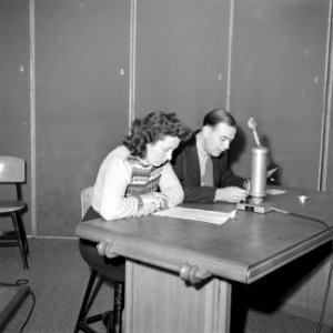 Omroepers in een radiostudio, Bestanddeelnr 255-9082