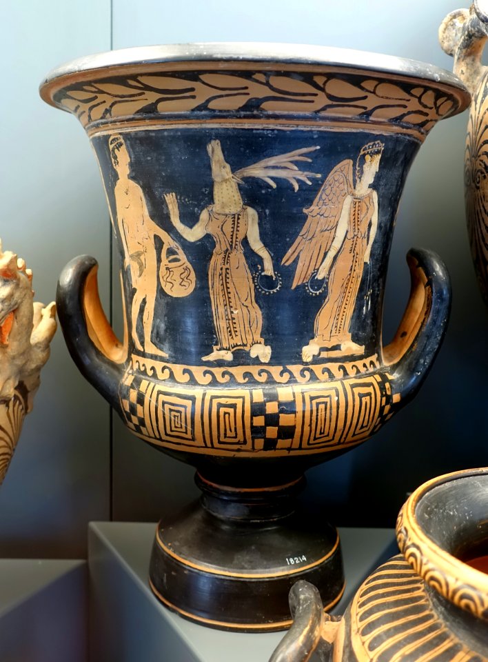Perseus, a deer-headed woman, and Nike, Etruscan red-figure calix-krater, by the Campanizing Group, 350-330 BC - Museo Gregoriano Etrusco - Vatican Museums - DSC01021