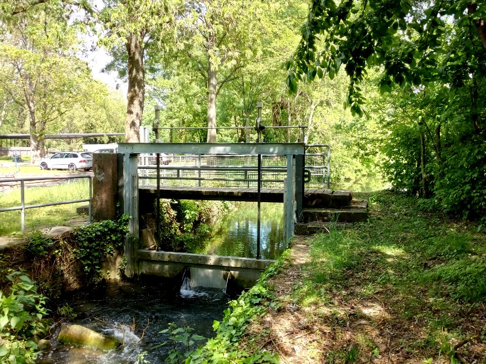 Pfinz, Durlach, Obermühle, Abzweig Fischaufstiegsanlage, Wehr mit Schwingklappe