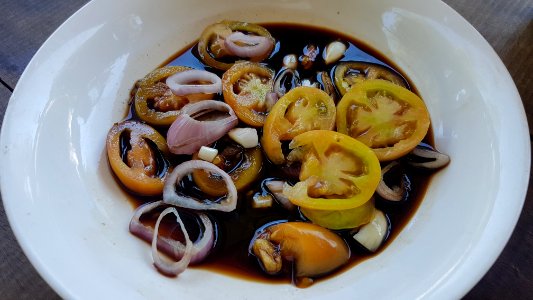Philippine dipping sauce (soy sauce, vinegar, tomatoes, onions)