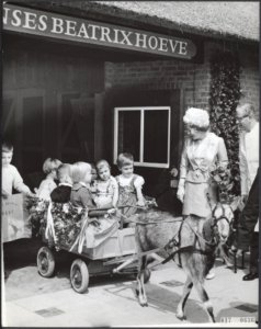 Prinses Beatrix kijkt naar kinderen in de ponywagen. Zij opent, samen met dokter, Bestanddeelnr 017-0636