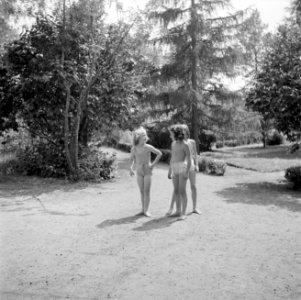 Prinses Irene met twee klasgenoten in de tuin, Bestanddeelnr 255-7388