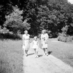 Prinses Juliana wandelt met prinses Irene en een onbekende dame in de tuin, Bestanddeelnr 255-7839