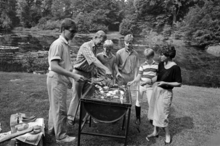 Prinses Margriet en gezin in tuin van Paleis het Loo tijdens het barbecuen, vln, Bestanddeelnr 933-6958