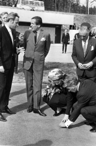 Prinses Beatrix bukt om de atletiekbaan te bekijken, staand prins Claus (m), Bestanddeelnr 924-5263
