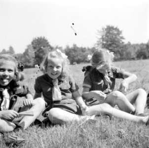 Prinses Beatrix met andere padvinders in de tuin van het paleis, Bestanddeelnr 255-7811