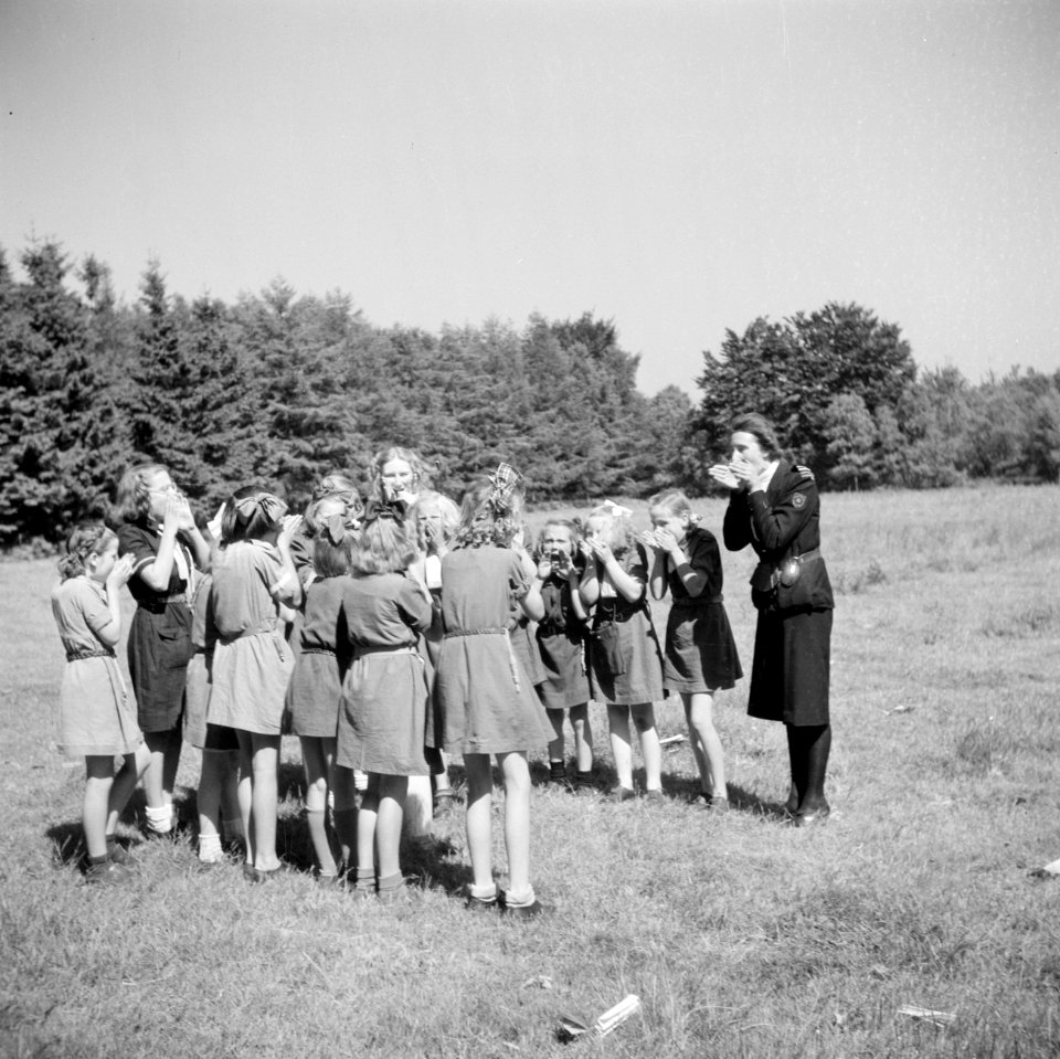 Prinses Beatrix met andere padvinders in de tuin van het paleis, Bestanddeelnr 255-7812