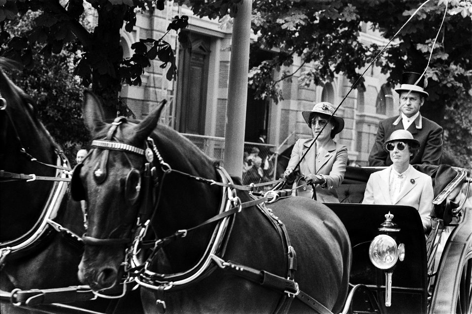 Prinses Margriet zelf aan de leidsels van een tweespan paarden voor haar koets, Bestanddeelnr 930-3363