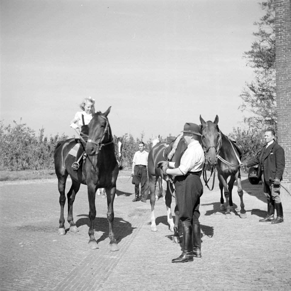 Prinses Beatrix te paard met stalpersoneel bij het paleis, Bestanddeelnr 255-7497