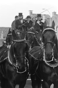 Prinses Margriet en Pieter van Vollenhoven rijden stuk mee met de grote postkoe, Bestanddeelnr 933-7633