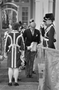 Prinsjesdag 1987, Den Haag Prins Willem Alexander buigt voor vaandel, Bestanddeelnr 934-0763