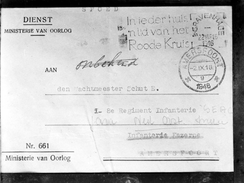 Post voor wachtmeester E. Schut van het 1-8 R.I. van het Ministerie van Oorlog, Bestanddeelnr 10169
