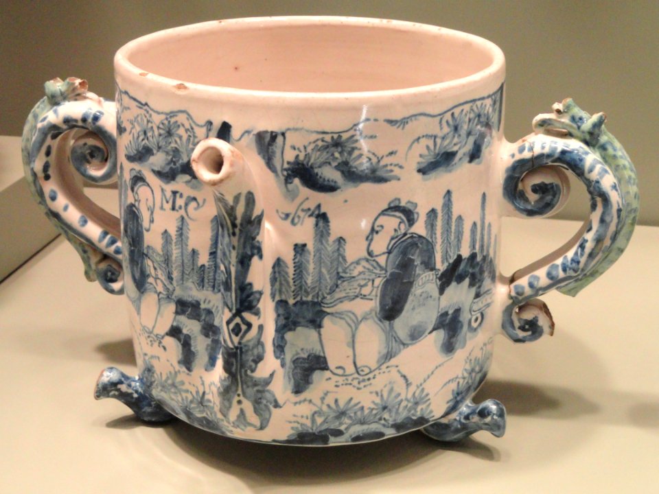 Posset Pot with Chinese figures in a landscape, dated 1674, Bristol, Brislington, or London, tin-glazed earthenware - Gardiner Museum, Toronto - DSC01289