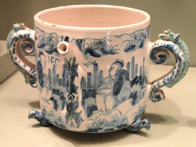 Posset Pot with Chinese figures in a landscape, dated 1674, Bristol, Brislington, or London, tin-glazed earthenware - Gardiner Museum, Toronto - DSC01289
