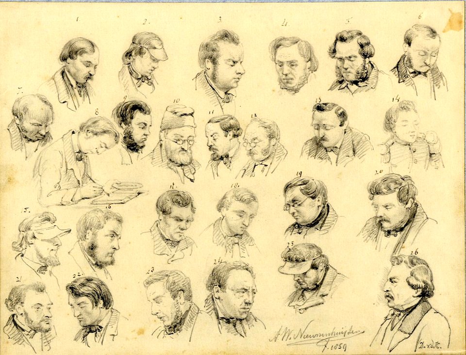 Portretten van leden van het Genootschap Kunstliefde tijdens een tekenavond in 1859