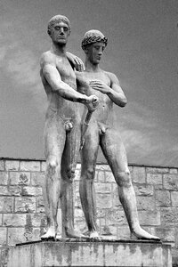 Young men monument black and white
