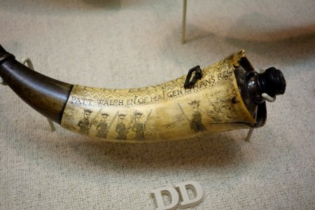 Powder horn inscribed 'Fort Edward 1757' and 'Patt Walsh Ens of Majr Genl Lyman's Reg' - Huntington Museum of Art - DSC05521