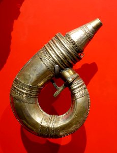 Powder flask (barutan), from North Africa, likely made in Persia, silver, brass - Peabody Museum, Harvard University - DSC06053