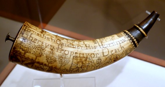 Powder horn, engraved 'Jonathan Gardner His Horn 1776 Liberty & Property or Death', Roxbury, Massachusetts, 1776, horn, maple, brass - Concord Museum - Concord, MA - DSC05578