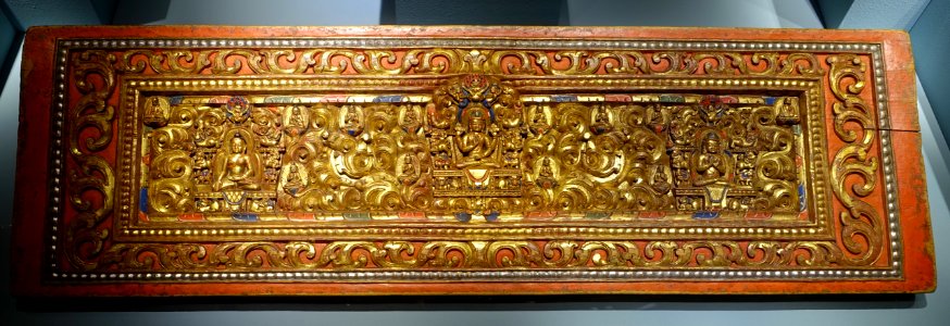 Prajnaparamita Sutra cover, Tibetan, 12th-14th century AD, gilded and painted wood - Middlebury College Museum of Art - Middlebury, VT - DSC08180