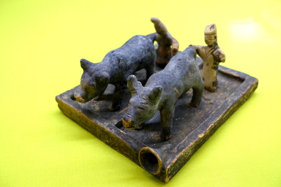 Pottery model of two oxen plowing, Southern Dynasties, from the Southern Dynasties Tomb, Dapo Village, Daoshui Town, Cangwu County - Hong Kong Museum of History - DSC01041