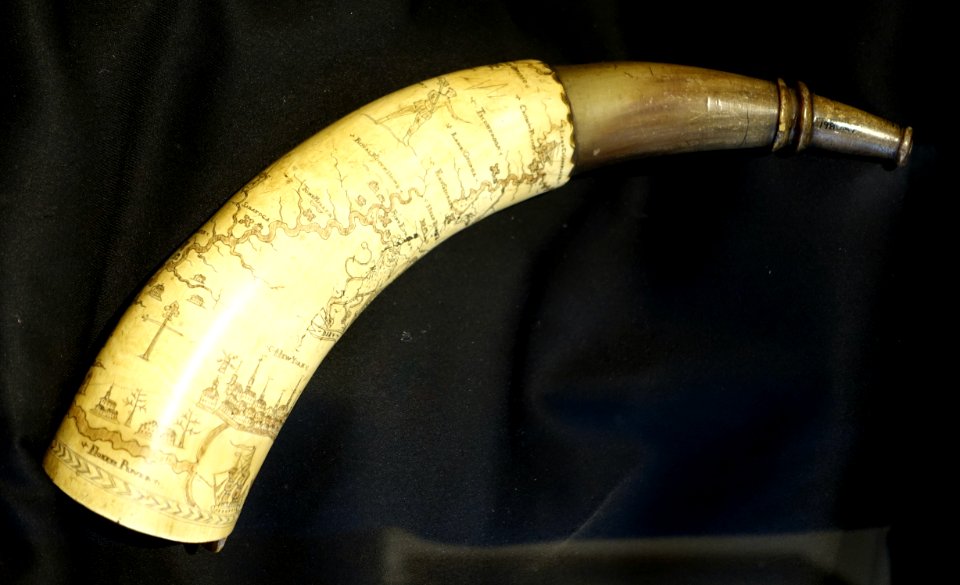Powder horn owned by Cornelius Regan, maker unknown, probably New York City NY, 1760 - Bennington Museum - Bennington, VT - DSC08735