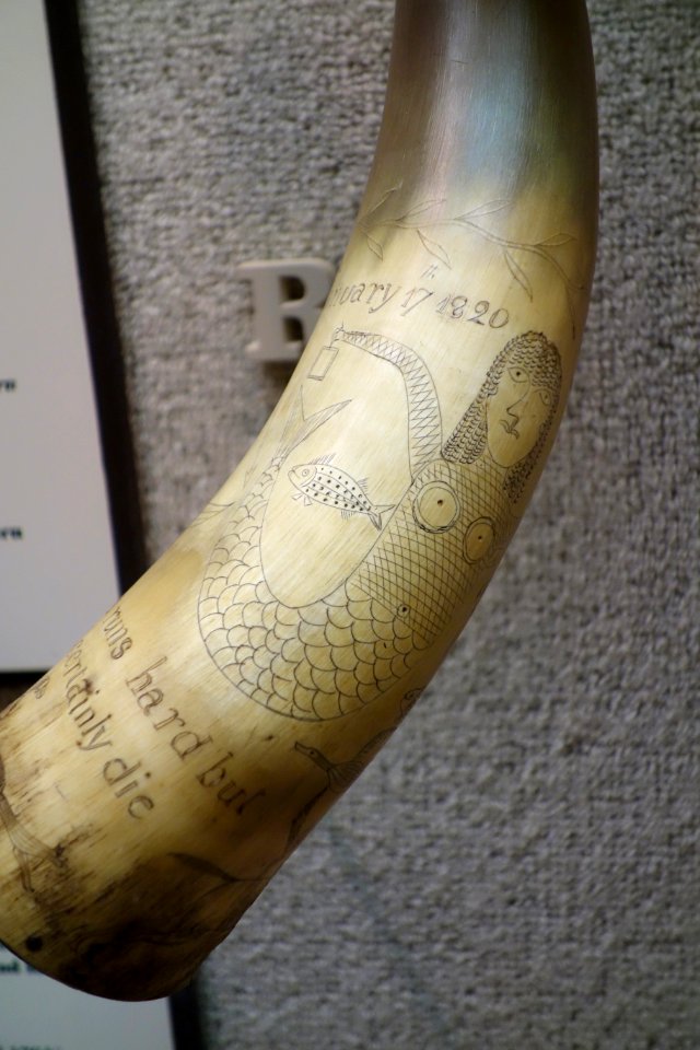 Powder horn dated 'Liberty, January 17, 1820', with motto 'Tallyho Old Reonard Runs hard but must certainly Die' - Huntington Museum of Art - DSC05514