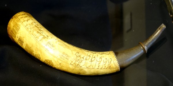 Powder horn owned by John Loder, possibly by Jacob Gay, active 1758-1787, Charlestown NH, 1758 - Bennington Museum - Bennington, VT - DSC08736