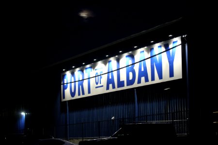 Port of Albany sign at night in Albany, New York