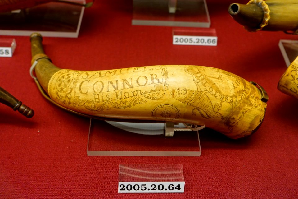 Powder horn of Samuel Connor, attributed to Jacob Gay, July-December 1776, horn, wood, iron, brass, HD 2005.20.64 - Flynt Center of Early New England Life - Deerfield, Massachusetts - DSC04846