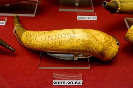 Powder horn of Samuel Connor, attributed to Jacob Gay, July-December 1776, horn, wood, iron, brass, HD 2005.20.64 - Flynt Center of Early New England Life - Deerfield, Massachusetts - DSC04846