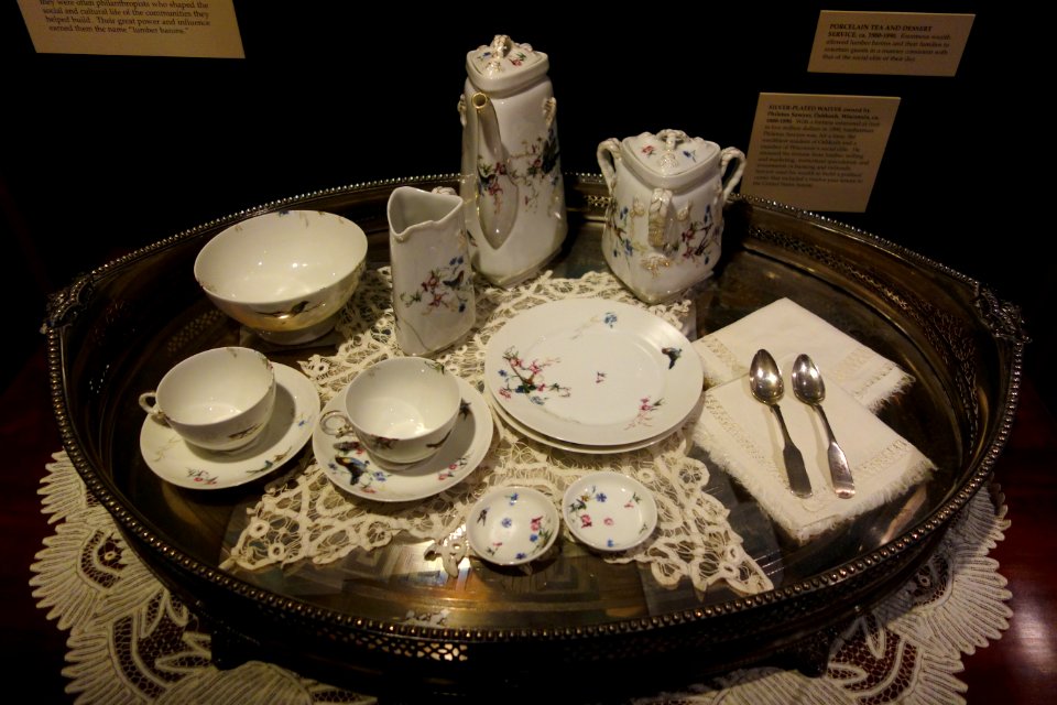Porcelain tea and dessert service on silver-plated tray, c. 1880-1890 - Wisconsin Historical Museum - DSC03352