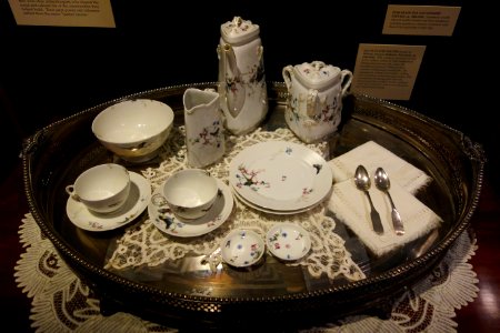 Porcelain tea and dessert service on silver-plated tray, c. 1880-1890 - Wisconsin Historical Museum - DSC03352
