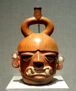 Portrait vessel of a fanged deity, Peru, North Coast, Moche, 400-550 AD, earthenware - De Young Museum - DSC00342