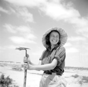 Portret van een lachend meisje, een Landarbeidster uit een kibboets, met zonneho, Bestanddeelnr 255-1407