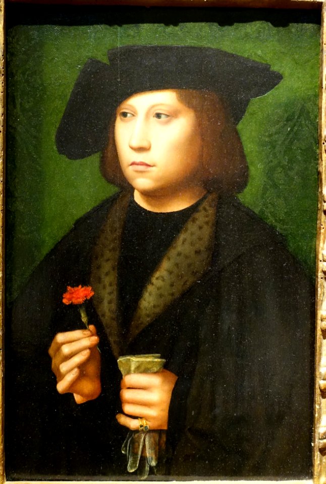Portrait of a Young Man Holding a Carnation, by Adrien Ysenbrant, 1520-1530, oil on panel - Portland Art Museum - Portland, Oregon - DSC08932