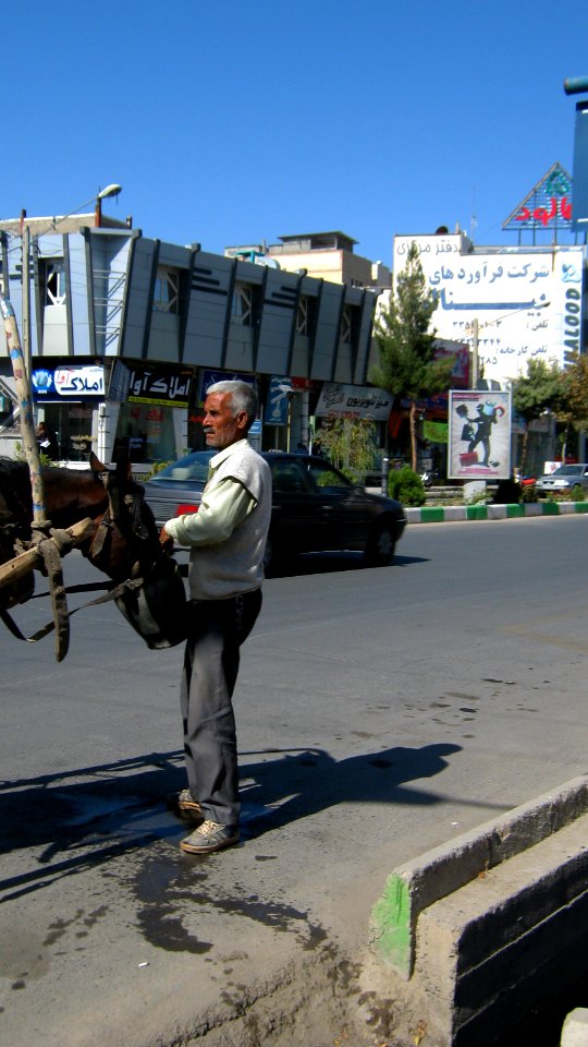 Portage horse - a man giving water to her horse with pail aside of Amir Kabir St - Nishapur 1