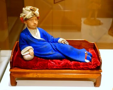 Portrait figure of Thomas Hall, attributed to Chinqua, active in Guangzhou and Chennai, 1717 AD, unfired clay, paint, silk, Asian hardwood - Peabody Essex Museum - Salem, MA - DSC05205