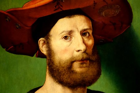 Portrait of a man, perhaps self-portrait, by Jan Gossaert, called Mabuse, detail, c. 1515-1520, oil on panel - Currier Museum of Art - Manchester, NH - DSC07300