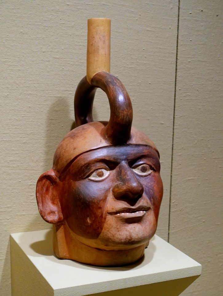 Portrait head stirrup spout vessel, Moche, Peru, c. 100-500 AD, ceramic, polychrome slip - Portland Art Museum - Portland, Oregon - DSC09212
