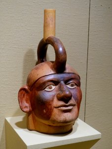 Portrait head stirrup spout vessel, Moche, Peru, c. 100-500 AD, ceramic, polychrome slip - Portland Art Museum - Portland, Oregon - DSC09212
