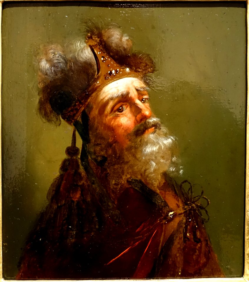 Portrait of an old man with a feathered crown, artist unknown, oil on wood - Villa Vauban - Luxembourg City - DSC06442