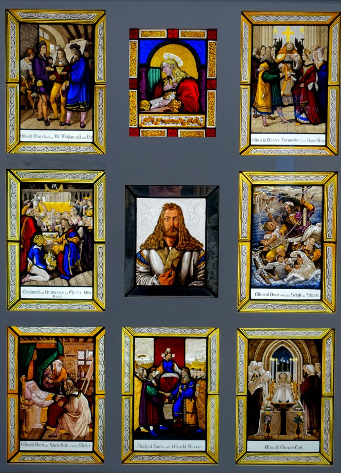 Portrait of Albrecht Durer and scenes from his life, by Franz Joseph Sauterleute, 1829-1830, stained glass, paint - Germanisches Nationalmuseum - Nuremberg, Germany - DSC03507