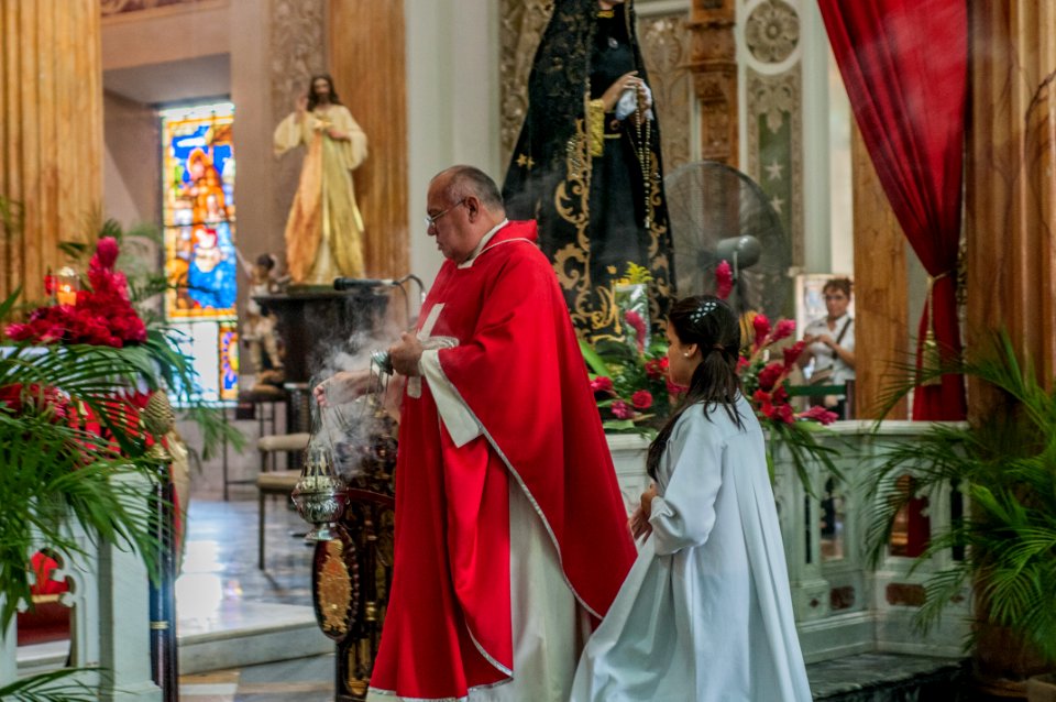 Priest in Palm Sunday Mass at the Basilica of the Chiquinquirá