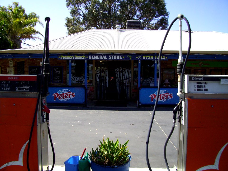 Preston Beach General Store with fuel pumps (E37@WTW2013)