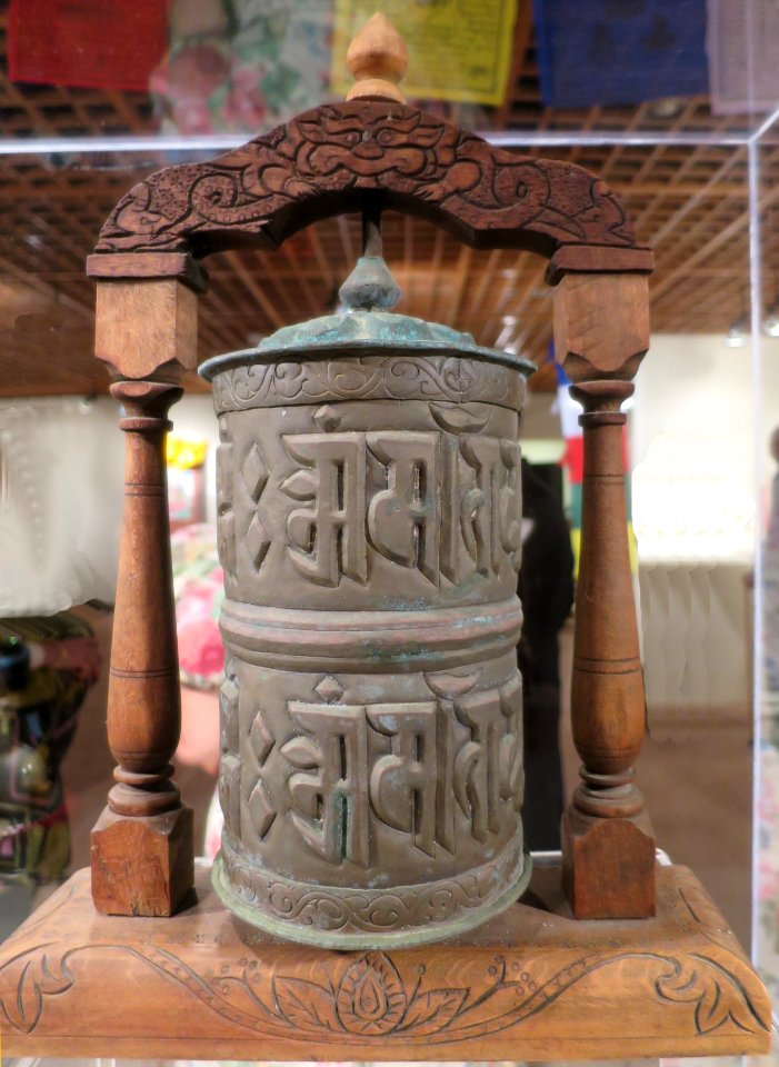 Prayer wheel from Nepal, wood, bronze and copper, mid-20th century
