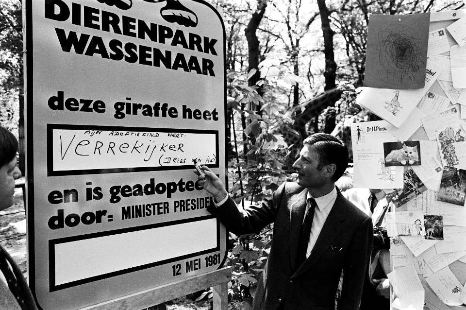 Premier Van Agt heeft tijdens zijn verkiezingstoernee in Wassenaars dierenpark een baby-giraffe geadopteerd, Van Agt bij een bord, Bestanddeelnr 931-4813