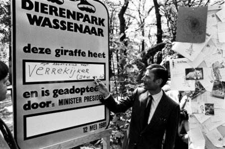 Premier Van Agt heeft tijdens zijn verkiezingstoernee in Wassenaars dierenpark een baby-giraffe geadopteerd, Van Agt bij een bord, Bestanddeelnr 931-4813