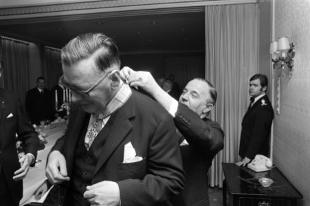 Premier De Jong (r) hangt prof. Donner de onderscheiding om, Bestanddeelnr 924-4030